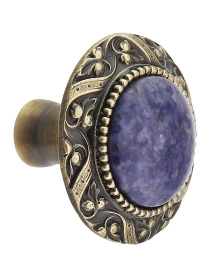 Victorian Cabinet Knob Inset with Blue Sodalite - 1 5/16 inch Diameter in Antique Brass.